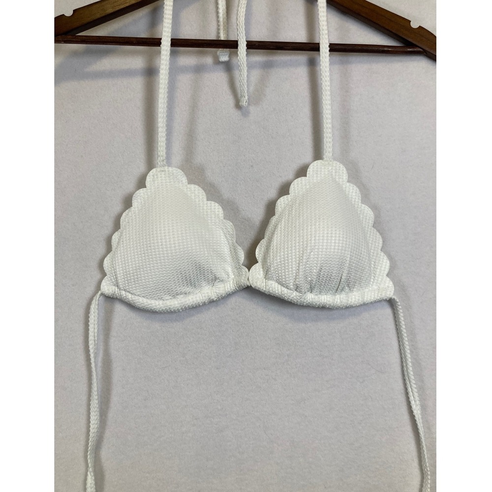 Aerie Bikini Top Women Medium White Scalloped Triangle Waffle Knit Halter Tie